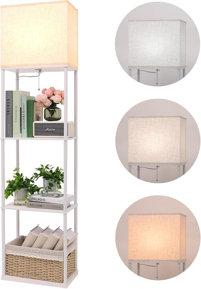 Gupuzm Floor Lamp with Shelves, Large Size Rectangle Standing Lamp with 3 Color Temperature Bulb, Corner Display Bookshelf Lamp for Living Room, Bedroom and Office（White-9W）
