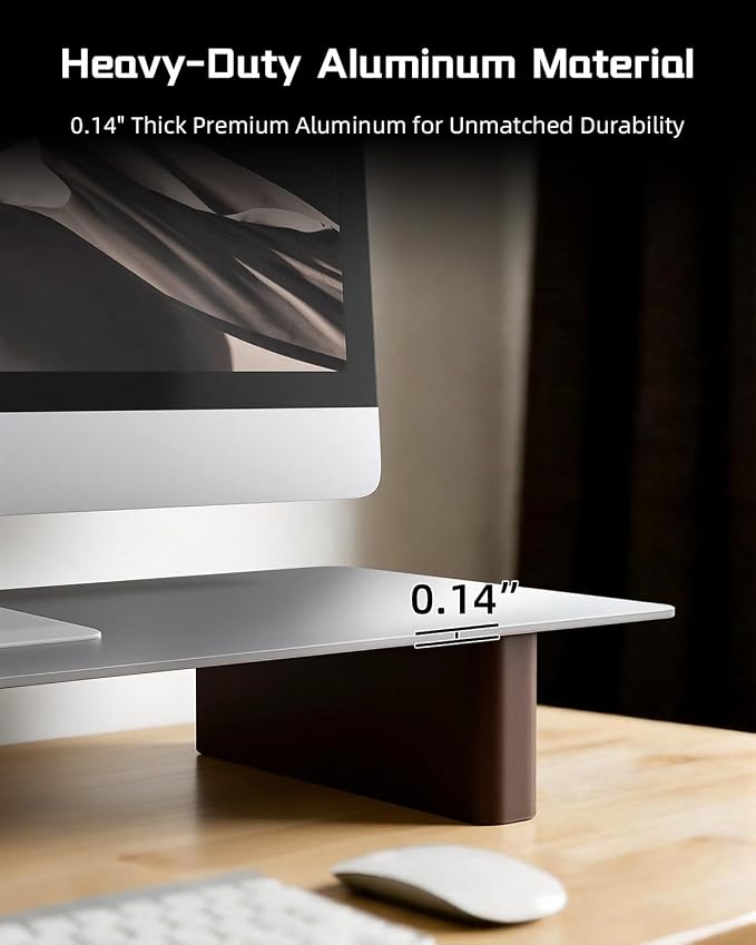 Aluminum Monitor Stand Riser, Ergonomic Desktop Shelf with Wooden Legs - 15.75” Wide Heavy Duty Computer Stand for Home Office, Universal Desktop Monitor Riser for PC, iMac, MacBook, Laptop