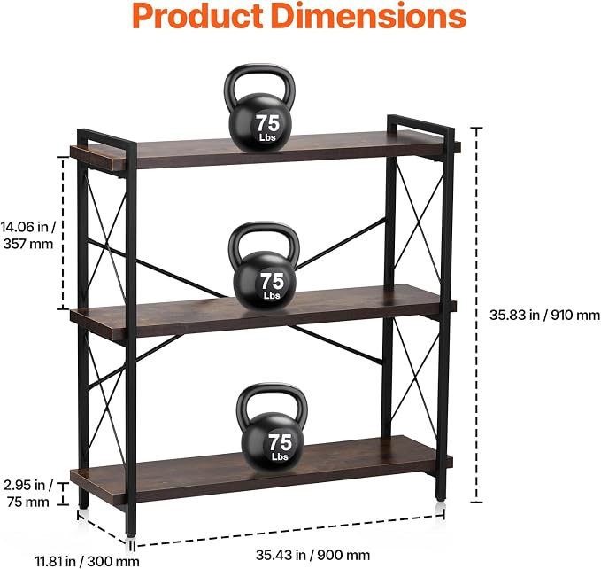 VEVOR Metal Bookshelf, 3-Tier Industrial Bookshelf, Small Rustic Storage Display Bookcase with Open Shelves, Freestanding Display Vintage Shelving Unit Storage Rack, for Living Room, Bedroom & Office