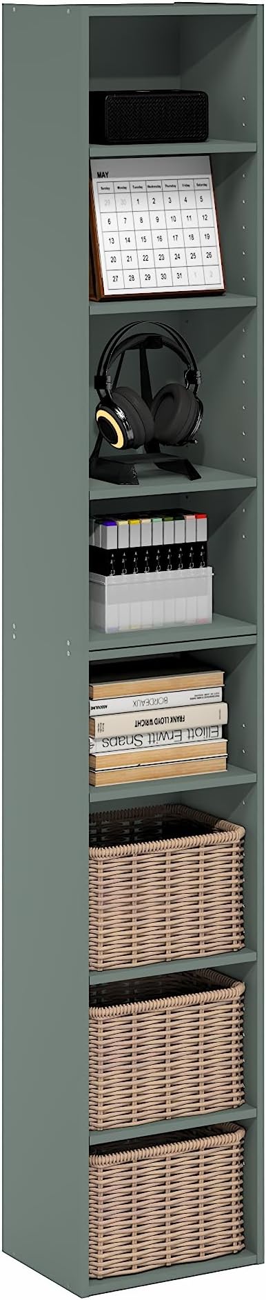 Furinno PASIR Book Shelf, 8-Tier Bookshelf, Bookcase with Open Shelf, 9.3 x 11.8 x 70.9, for Living Room, Bedroom, Home Office, Sage Green