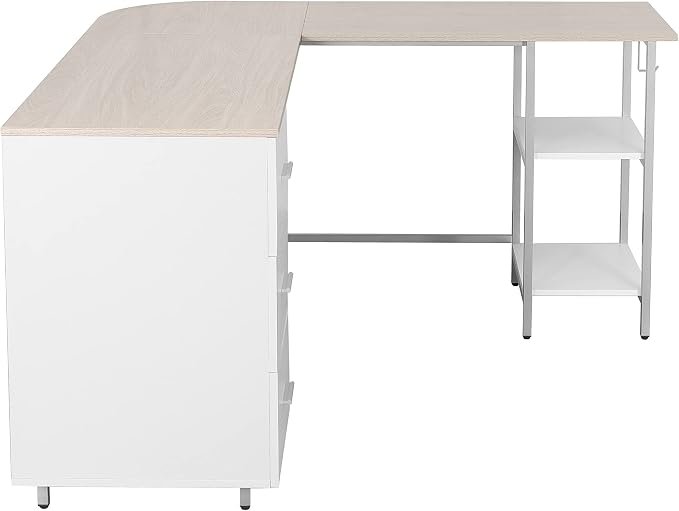 Techni Mobili 59" Two-Tone L‑Shaped Office Desk with Storage Shelves, Sand | 59" two‑tone L‑shaped desk with storage shelves, durable frame, modern corner workstation, spacious home office writing space