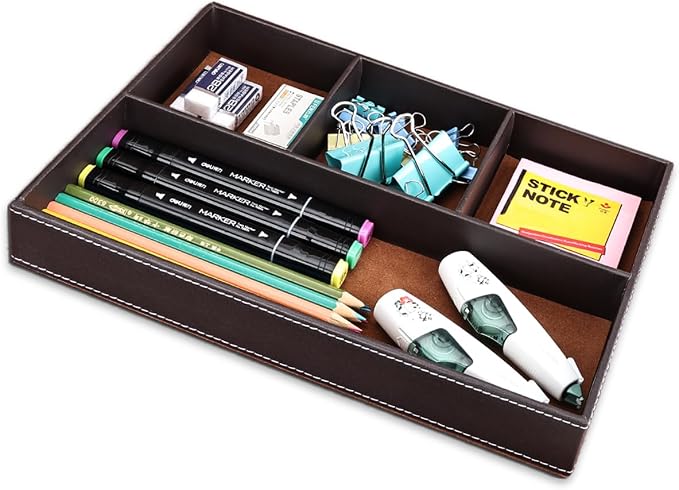 Pu Leather Desk Organizer Tray, 4 Compartment Office Storage Supplies Stationery Drawer Tray, Nightstand Bedside Tray for Key, Wallet, Watch, Coin, Phone Valet Tray Stackable