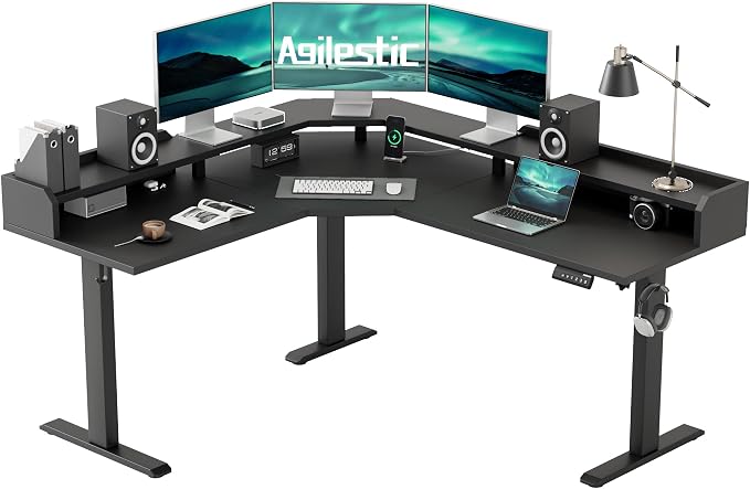 Agilestic 63 Inch L Shaped Electric Standing Desk with Shelf, Black | Dual Monitor Setup, Corner Desk, Ample Workspace, Memory Presets, Hooks, Stable Steel Frame,264 lbs Capacity, Splice Board