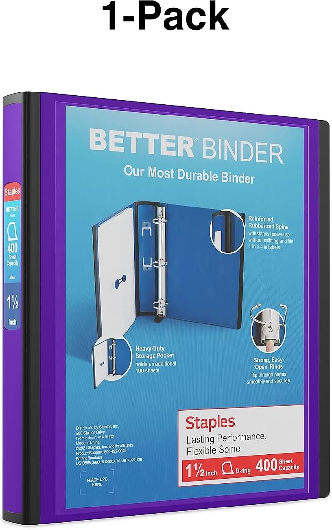 Staples Better 1.5-Inch 3-Ring Binder, Purple, Heavy-Duty | Durable binder built for school and office document organization.