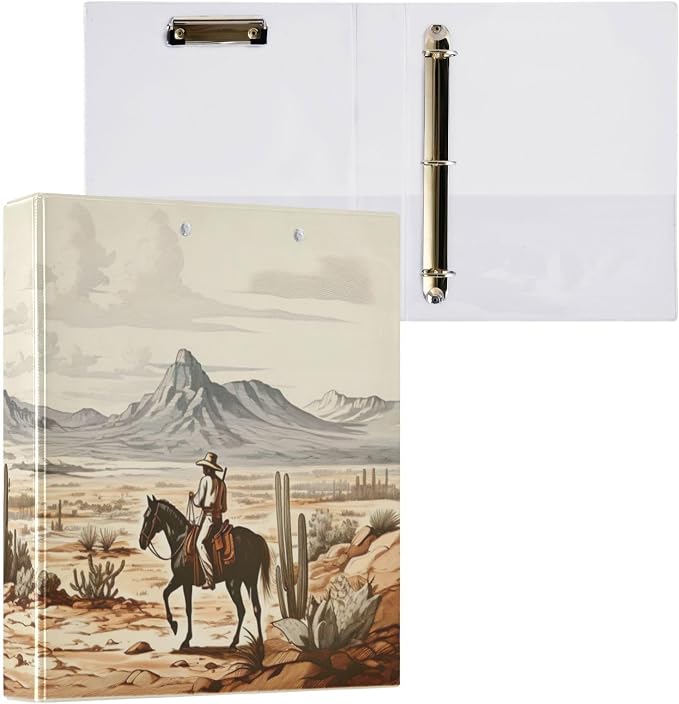 3 Ring Binder, Western Cowboys Clipboard Binder with 2 Pockets, 1.5 Inch Three Ring Binder Heavy Duty Round Ring Binders for Office Supplies