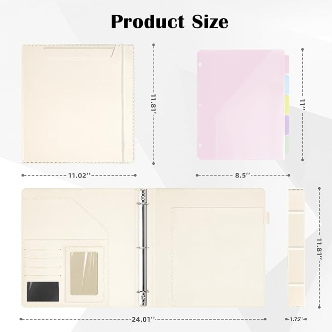 Ospelelf Vintage Leather 3 Ring Binder 1 Inch, Beige Magnetic Clipboard Portfolio Binder with Zipper Pouch, 5 Dividers with 10 Pockets, Interview Padfolio Organizer for Teachers