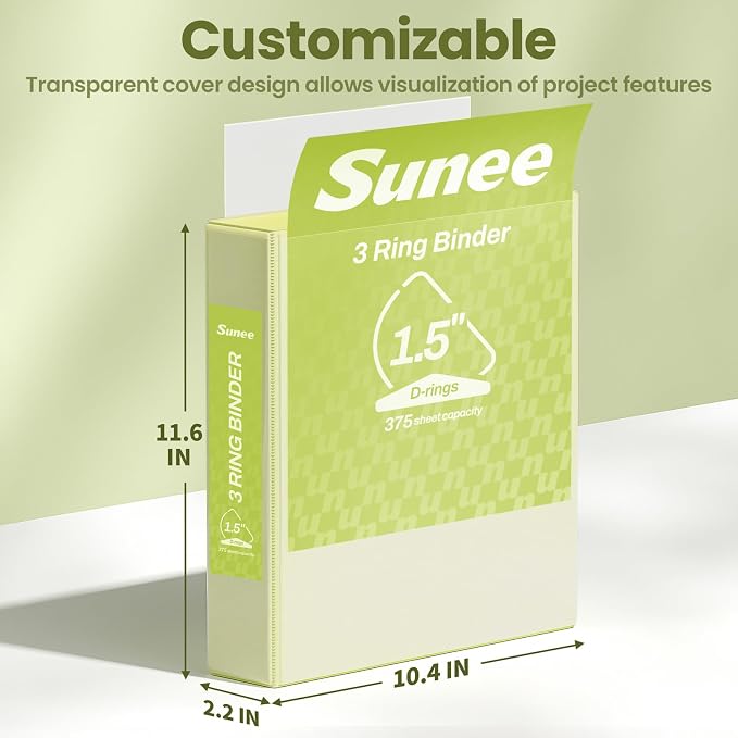 SUNEE 3 Ring Binder 1.5 Inch D Ring, Clear View Binder Three Ring PVC-Free (Fit 8.5x11 Inches) for School or Office Supplies, Yellow, 1 Pack