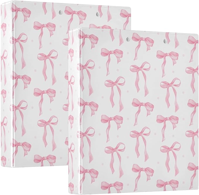 Pink Coquette Bow Binder 1.5 Inch Binder with Clipboard&Pockets, Preppy Cute Bow Riband Hardcover Binders 3 Ring, Heavy Duty Large File Folder for Office School Supplies, Holds 200 Sheets-2 PC