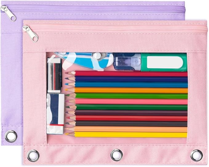 Forvencer 2 Pack Pocket for 3 Ring Binder, Large Pencil Case Pouch Binder | 3 Reinforced Grommets, Pen Bag, Clear Window Pencil Case, Binder Accessories, Pink & Purple