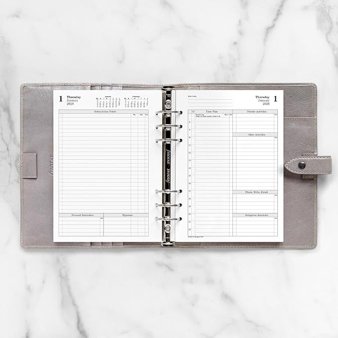 Filofax Calendar Diary Refill, A5 Size, One Day on Two Pages with Appointments, Time Management, White Paper, English, 2026 (CTM7031-26)