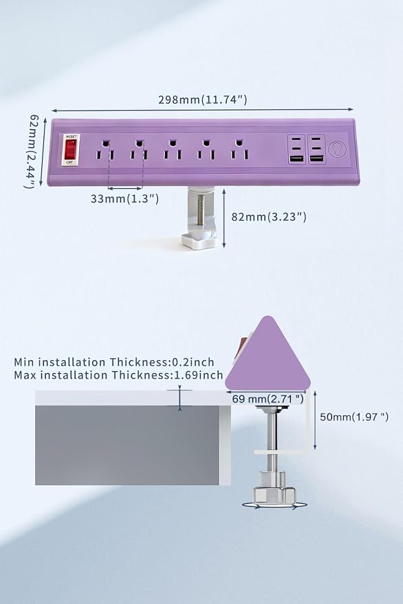 Desk Clamp Power Strip with Nightlight, 40W Fast Charging, 10FT Extension Cord, 4x20W USB-C & 2 USB Ports, 5 AC Outlets, Fits 1.69-Inch Table Edges