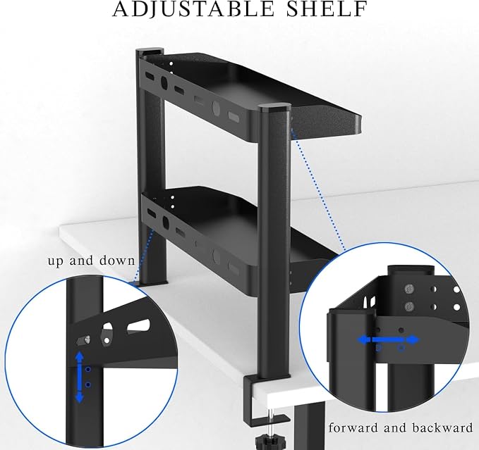 Clamp on Desk Shelf, 24in 2-Tier Office Desk Shelves Organizer, Shelf for Top of Desk with Headphone Holder and Hooks, Desktop Storage Rack for Home Workspace, Study Rooms, Gaming Accessories