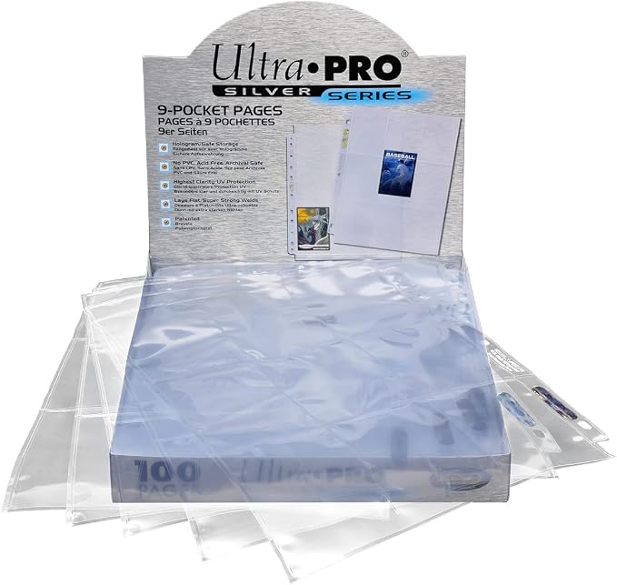 Ultra PRO - 11-Hole Punch 9-Pocket Pages Silver Series, 100 Pages to Store Trading Cards, Baseball cards, Pokemon and Baseball Card Sleeves, Card Protector Sheets for Binders