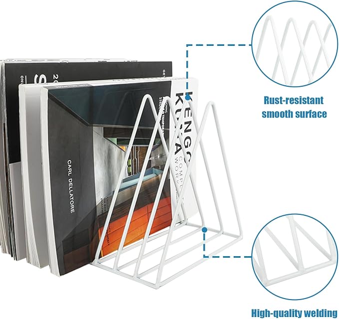 Vinyl Record Holder Storage, 9 Slot Metal Magazine Book Album Display Rack, Stylish Triangle Desktop File Sorter Organizer for Home Office, White