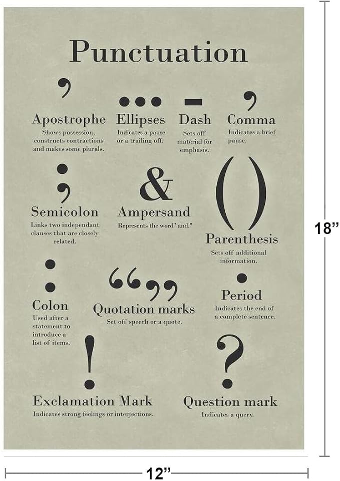 Punctuation Poster Grammar Writing English Classroom Posters Depth Knowledge Literary Terms Library Class Decorations High School Teacher Home Chart Cool Wall Art Print 12x18