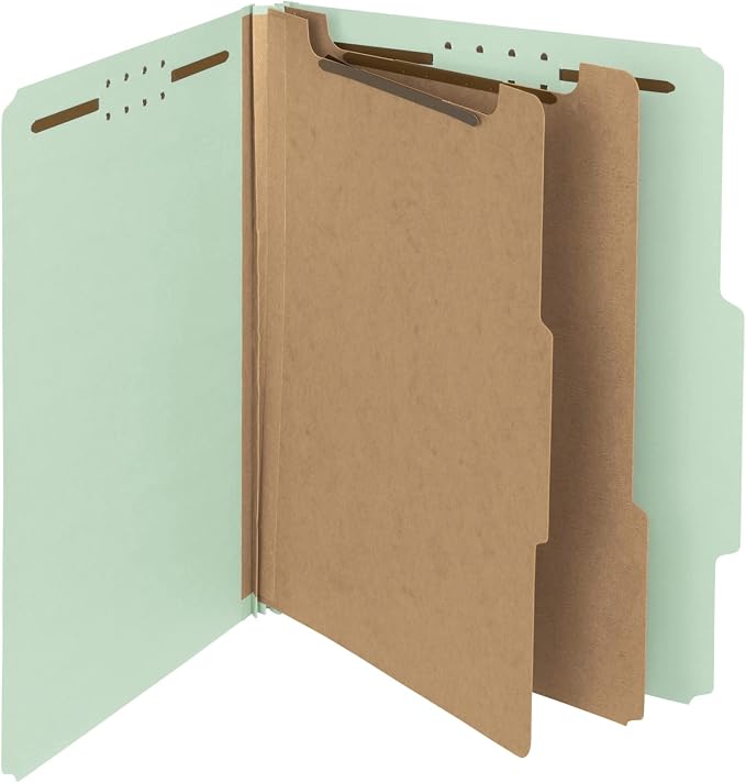 Smead 100% Recycled Pressboard Classification File Folder, 2 Dividers, 2" Expansion, Letter Size, Gray/Green, 10 per Box (14023)