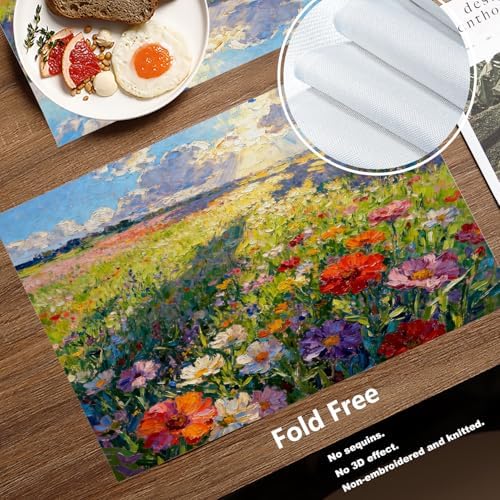 Batmerry Claude Monet Artwork Linen Placemats Set of 6, Garden Painting Flowers Red Poppies Washable Table Mats for Kitchen Table Thickened Heat Insulation Dining Set Indoor Outdoor 12X18 in