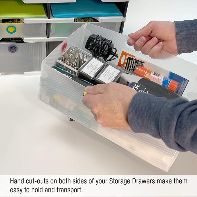 Ultimate Office TierDrop Storage Drawers, 9w x 12d x 4.75h, Set of 3, Clear | Color-coded finger rings for easy access to contents; stores desk accessories and supplies; designed for TierDrop organizers