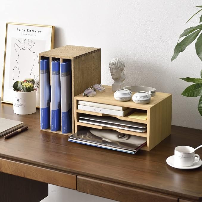 KIRIGEN Wooden Desk Organizer 3-Tier Letter Tray and Paper Sorter, Brown | Solid Wood Paper Tray Document Holder Organizer for Letters, Files, Folders, Mail, Magazines and Office Supplies