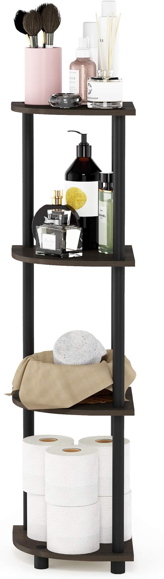 Furinno TURN-N-TUBE Corner Shelf, 4-Tier Corner Bookshelf, Display Storage Shelves with Open Shelves, for Organization and Storage, Living Room, Home Office, Garage, Dark Brown Grain