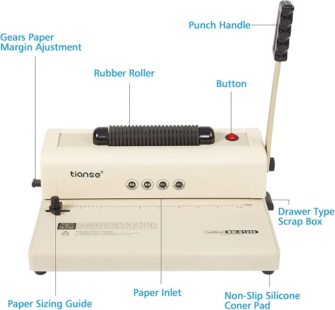 TIANSE Binding Machine - Electric Coil Inserter for Professional Binding, 12-Sheet Punch, for Letter/A4/A5 & Plastic/Metal Coils, with 100 Coil Spines & Pliers for Home, Office, School, DIY