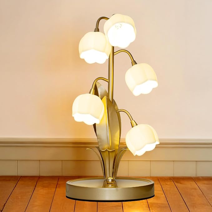 WERFOP Vintage Lily of the Valley Flower Table Lamp | 3 Color Adjustable LED Bedside Lamp, Cute Night Light for Bedroom, Living Room, Dorm Room, Office & Home Decor (Gold)