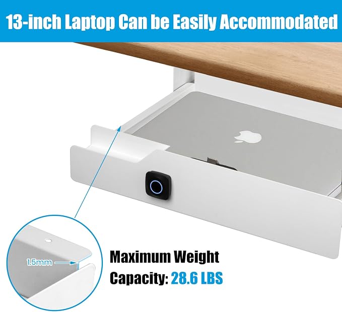 Lumil Under Desk Drawer with Lock, 16 inch Under Desk Storage Drawer, Under Desk Mounted Pull Out Drawer with Biometric Lock