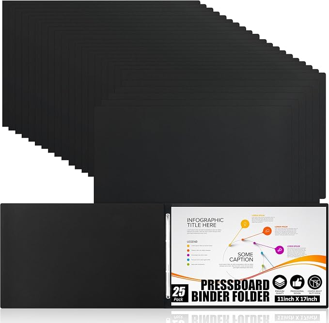 Resurhang 25 Pcs 11x17 Inch Pressboard Report Cover, 3" Capacity Presentation Binder Folder with Metal Prong Paper Fastener to Neatly Bind Reports Proposals Transcripts, Other Documents (Black)