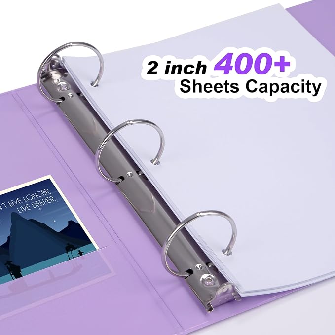 COMIX Sturdy Standard 2 Inch 3 Ring Binder with Clear View Cover | 2"Round Ring,PVC-Free,Holds 400 Letter Sheets,Morandi Multicolor for Students & Office,6 Pack (Pale Purple)