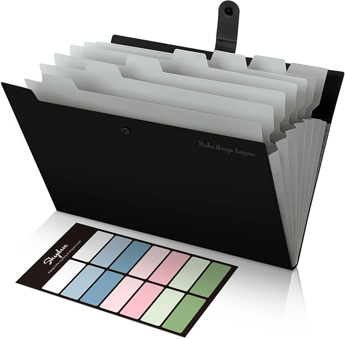SKYDUE 8 Pockets Accordion File Organizer, Expanding File Folders, Portable Document Paper Organizer, A4 Letter Size, Snap Closure, Pack of 4