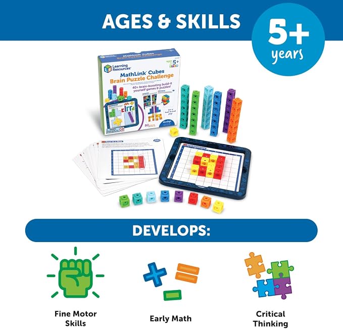 Learning Resources MathLink Cubes Brain Puzzle Challenge, 80 Pieces, Ages 5+, Classroom Must Haves, Preschool Activities, Teacher School Supplies, Math Manipulatives
