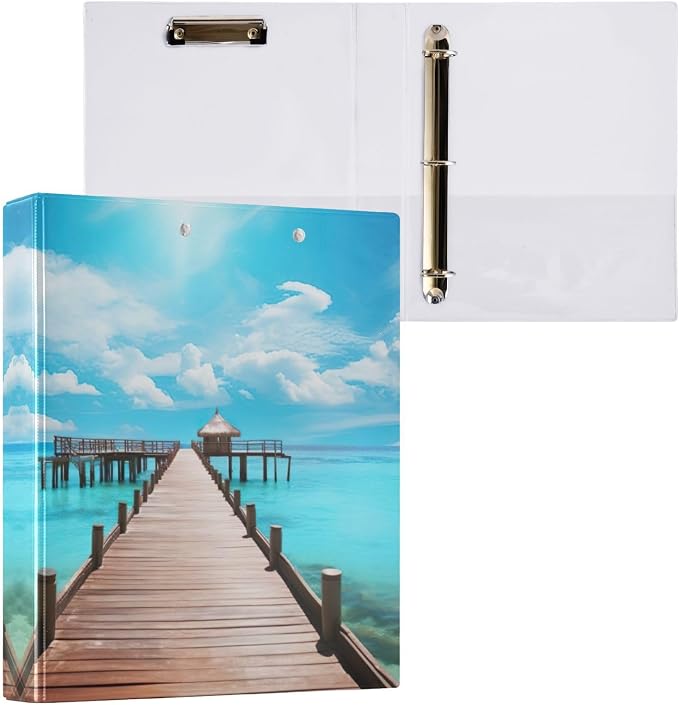 SPRIPORT Pier Over Ocean Sea 1.5 Inch 3 Ring Binder Holds 200 Sheets for Office Supplies Durable PVC Round Ring Binder with Interior Clear Pockets Clipboard Binder for Home Work Woman Man