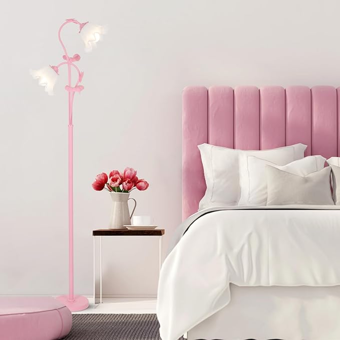 HMVPL Pink Flower Floor Lamp, Floral Standing Lamp with 2 LED 5W Blubs, Foot Switch, Modern Corner Tall Lamp with Acrylic Shade, Girls Cute Floor Lamp for Living Room Bedroom Office Kids Reading