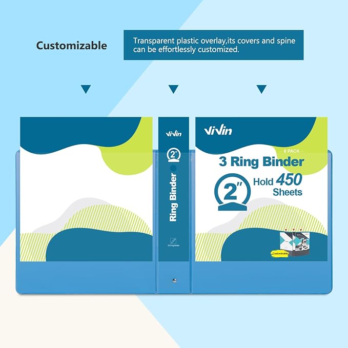 ViVin 2 Inch Round Ring View Binder for Durability, 6-Pack (Light Blue) | Standard 3 Ring Binder for 450 Sheets of US Letter Size Paper, PVC-Free, Clear Front Pocket, Office Home School Use
