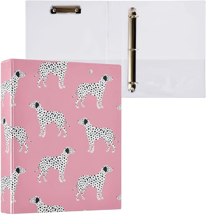Black Dot Dalmatian Dog Pink Binder 1.5 Inch Binder with Clipboard&Pockets, Hardcover Binders 3 Ring, Heavy Duty Large File Folder for Office School Supplies - Holds 200 Sheets