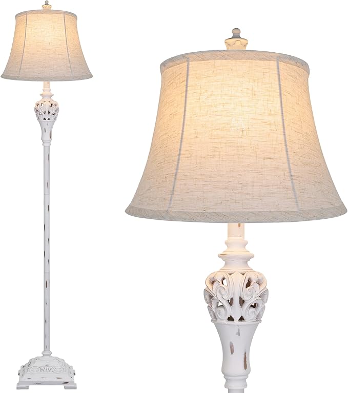 Vintage Floor Lamp for Living Room, Traditional Tall Standing Lamp | Eye-caring White Fabric Shade, Stable Antique Base, Farmhouse Rustic Design, Bright Floor Lighting
