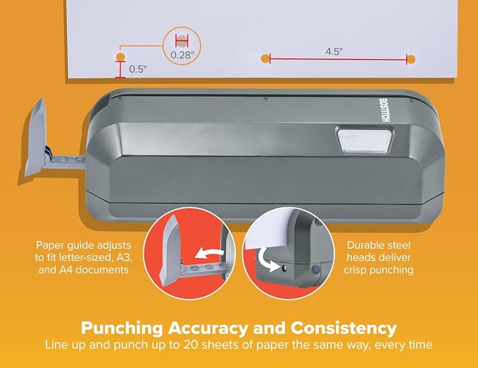 Bostitch Office Electric 3-Hole Punch, Dual Paper Loading, Heavy Duty, Jam-Free 20 Sheet Capacity, AC Adapter or Battery Powered, Space Saving, Grey, (EHP20-GRY)