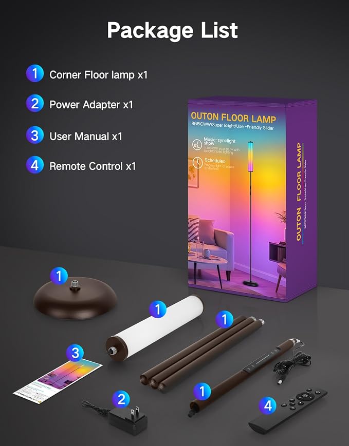 OUTON Bright Smart Floor Lamp with Remote, App & Touch Control, RGB Color Changing Standing Lamp, 2200K-6500K Dimmable, 3 Adjustable Heights, 32 Scenes for Living Room Bedroom Office,Brown