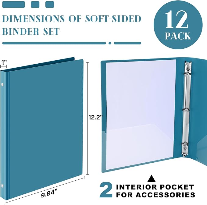 Fulmoon 12 Pcs Economy View 3 Ring Plastic Binder 12.2 x 9.8 Inch Plastic Round Ring Binders with Pockets Notebinder for Meetings for Home, Office, School(Turquoise, 1 Inch)