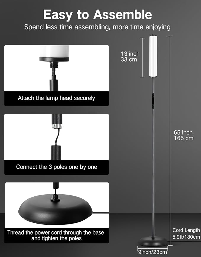 OUTON Bright Smart Floor Lamp with Remote, App & Touch Control, RGB Color Changing Standing Lamp, 2200K-6500K Dimmable, 3 Adjustable Heights, 32 Scenes for Living Room Bedroom Office Black