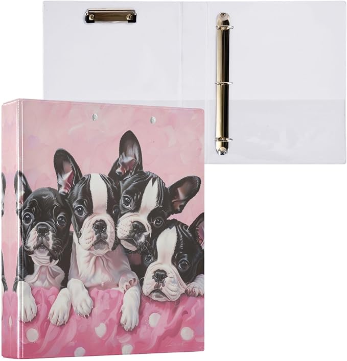 Boston Terrier Puppies Pink 1.5 Inch Binders 3 Ring for Letter Size Holds 200 Sheets Notebook Binder with Clipboard for Women or Men 2 Pack