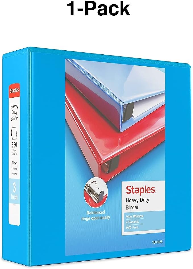 Staples Heavy-Duty 3-Inch D-Ring View Binder, Reinforced Spine, Holds Up to 600 Sheets, Light Blue, for Office & School