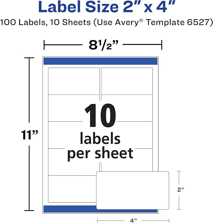 Avery® Shipping Labels, Sure Feed® and Easy Peel® Technology, Glossy White Labels, 2" x 4", Permanent Adhesive, Laser/Inkjet, 100 Total (6527)