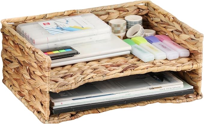 BTSKY 2 Tier Water Hyacinth Letter File Storage Basket, Woven Paper Organizer A4 File Tray Magazine Holder Woven Basket for Desk Document Office Paper Organizer and Storage