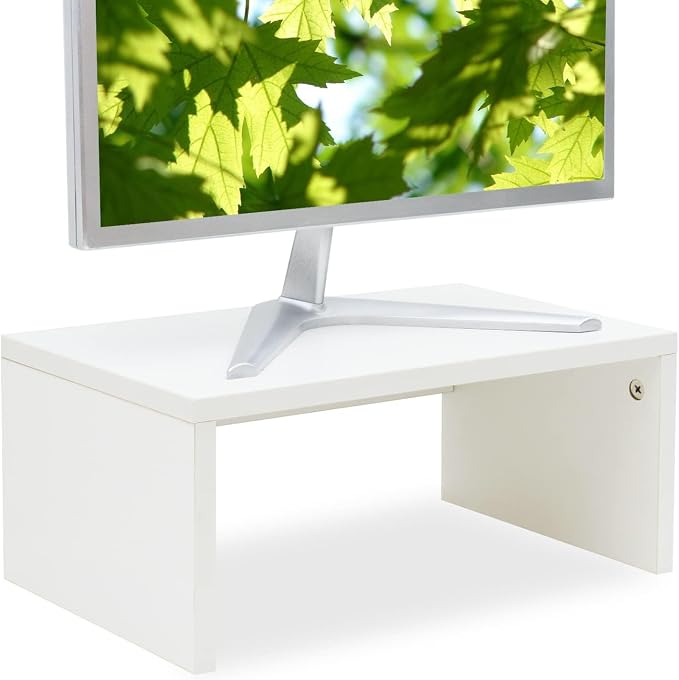 TEAMIX White Monitor Stand - 6.7 inch Tall, Wood Riser, Desk Organization | Laptop/Printer/Computer Stand, Extra Storage Underneath, Minimalist, Modern Design, Smooth White Finish, for Home Office