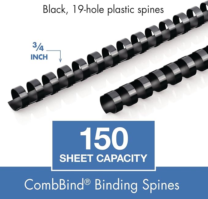 Mead CombBind Binding Spines/Spirals/Coils/Combs, 3/4", 150 Sheet Capacity, Black, 125 Pack (4000136)