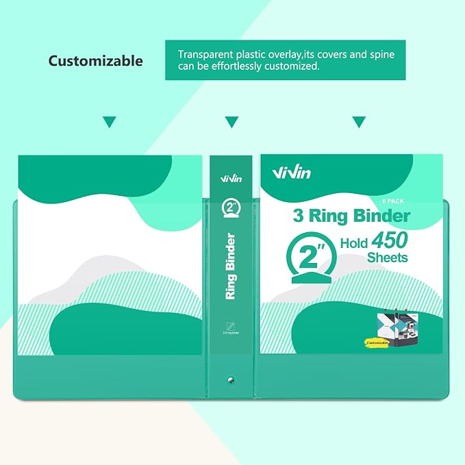 ViVin 2 Inch Round Ring View Binder for Durability, 6 Pack (Lake Green) | Standard 3 Ring Binder for 450 Sheets of US Letter Size Paper, PVC-Free, Clear Front Pocket, Office Home School Use