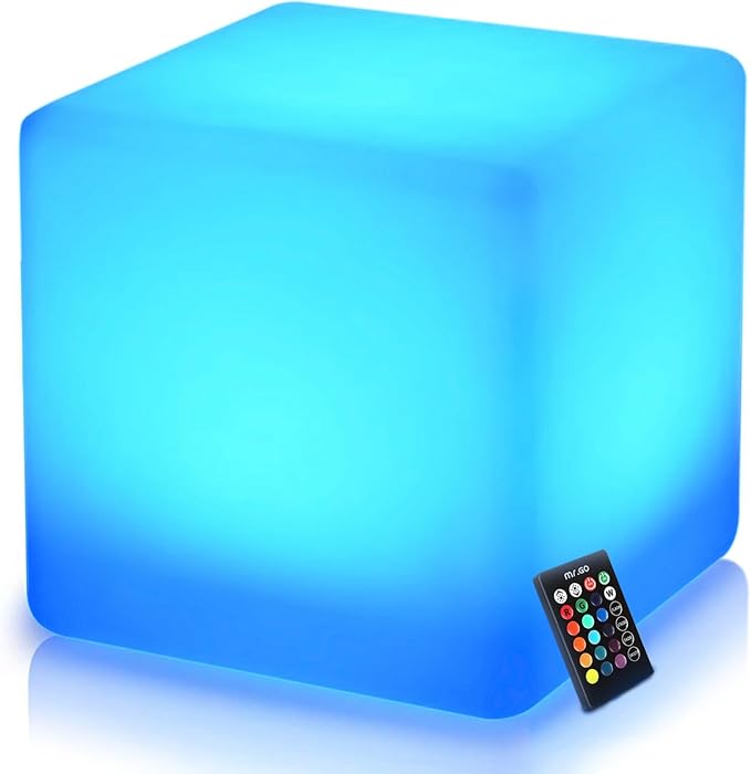 Mr.Go 16-in Rechargeable LED Cube Chair Light, 16 RGB Colors Glow Cube Seat | Waterproof LED Cube Table, Color Changing Cubes Floor Lamp w/Remote, Home Bedroom Patio Party Decorative Lighting