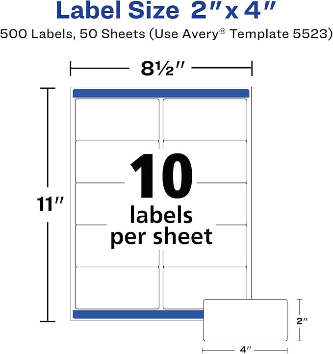 Avery® Waterproof Labels with UltraHold® Permanent Adhesive, 2" x 4", 500 Labels for Laser Printers (5523)