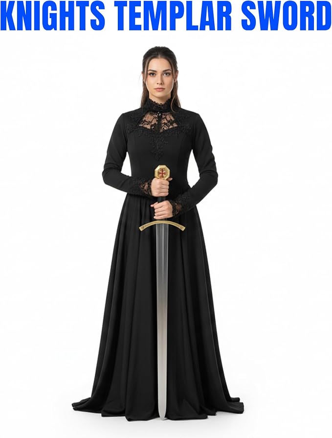 SZCO 37" Knights Templar Sword – Medieval Crusader Decorative Knight Sword with Black Leather Wrapped Handle & Matching Leather Scabbard for Adults, Cosplay & Display